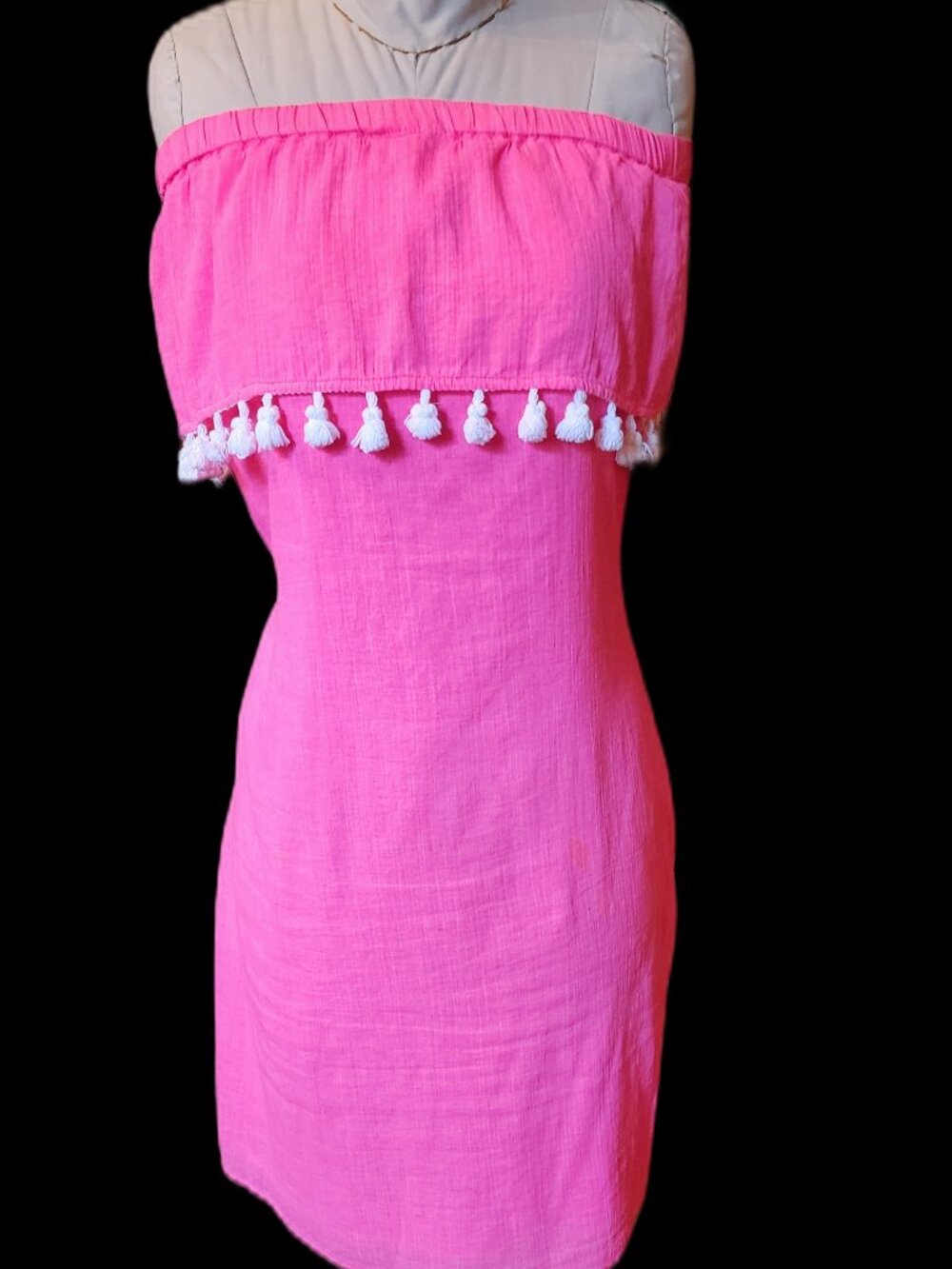 STS Sail to Sable  Hot Pink Off-Shoulder Dress with White Tassel Trim, Size L